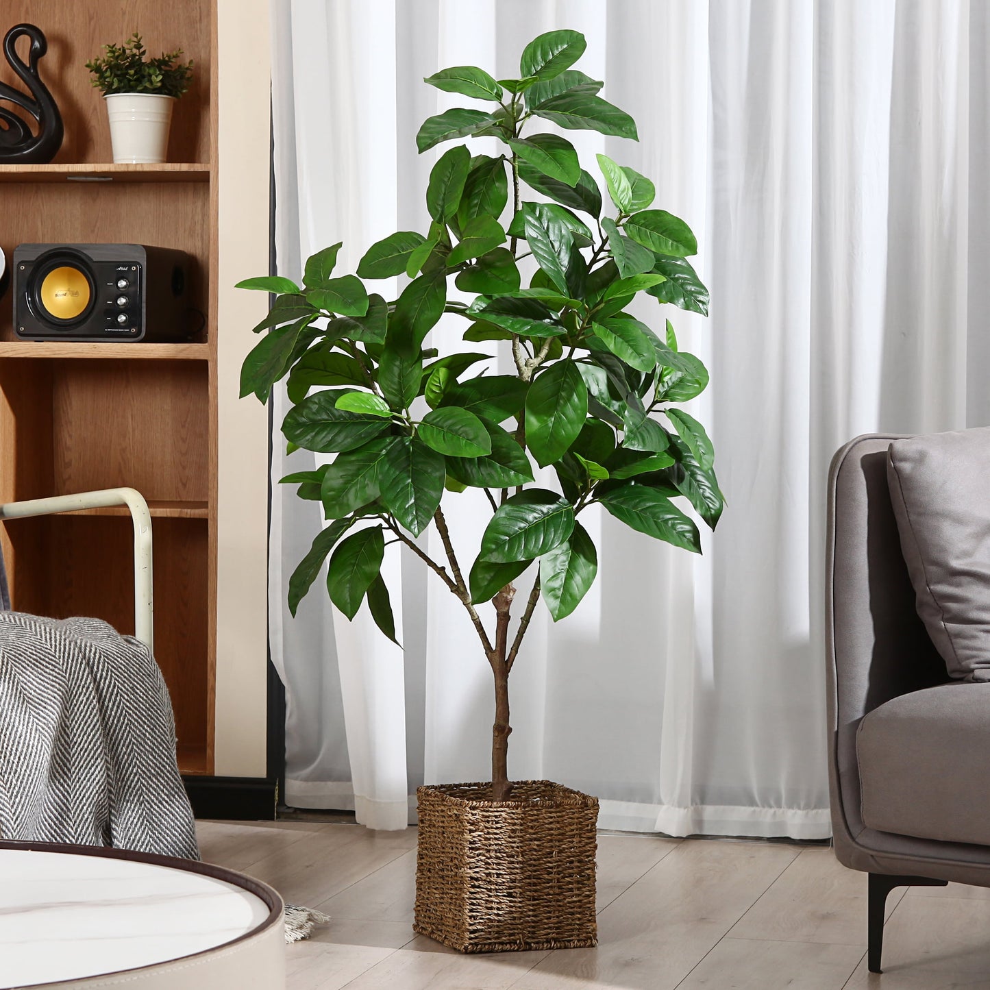 Artificial Plants, 4 Ft Ficus Tree Faux Rubber Plants Indoor Outdoor Decor Fake Tree in Pot Plastic Plants for Home Decor Office Living Room Porch Patio Perfect Housewarming Gift Green