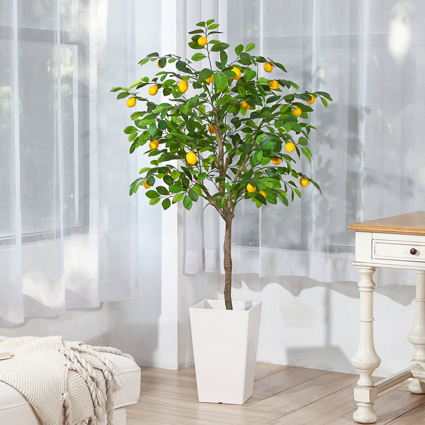 Fake Lemon Tree, 5FT Artificial Lemon Silk Plants, Pre Potted Faux Lemon Tree, Plastic Lemon Fruit Tree for Home Decor Living Room Office, Topiary Artificial Plants Outdoor