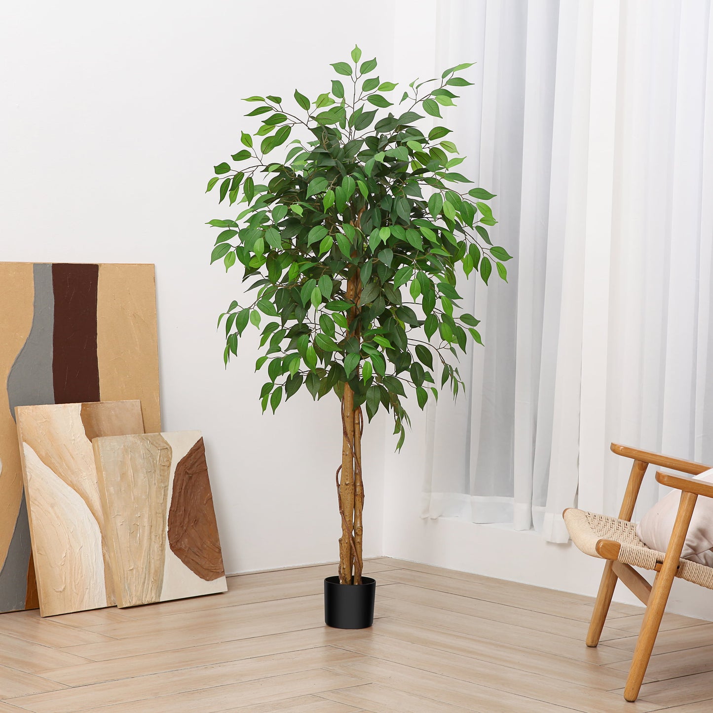 5 ft Ficus Artificial Trees with Realistic Leaves and Natural Trunk, Silk Fake Ficus Tree with Plastic Nursery Pot, Faux Ficus Tree for Office Home Farmhouse