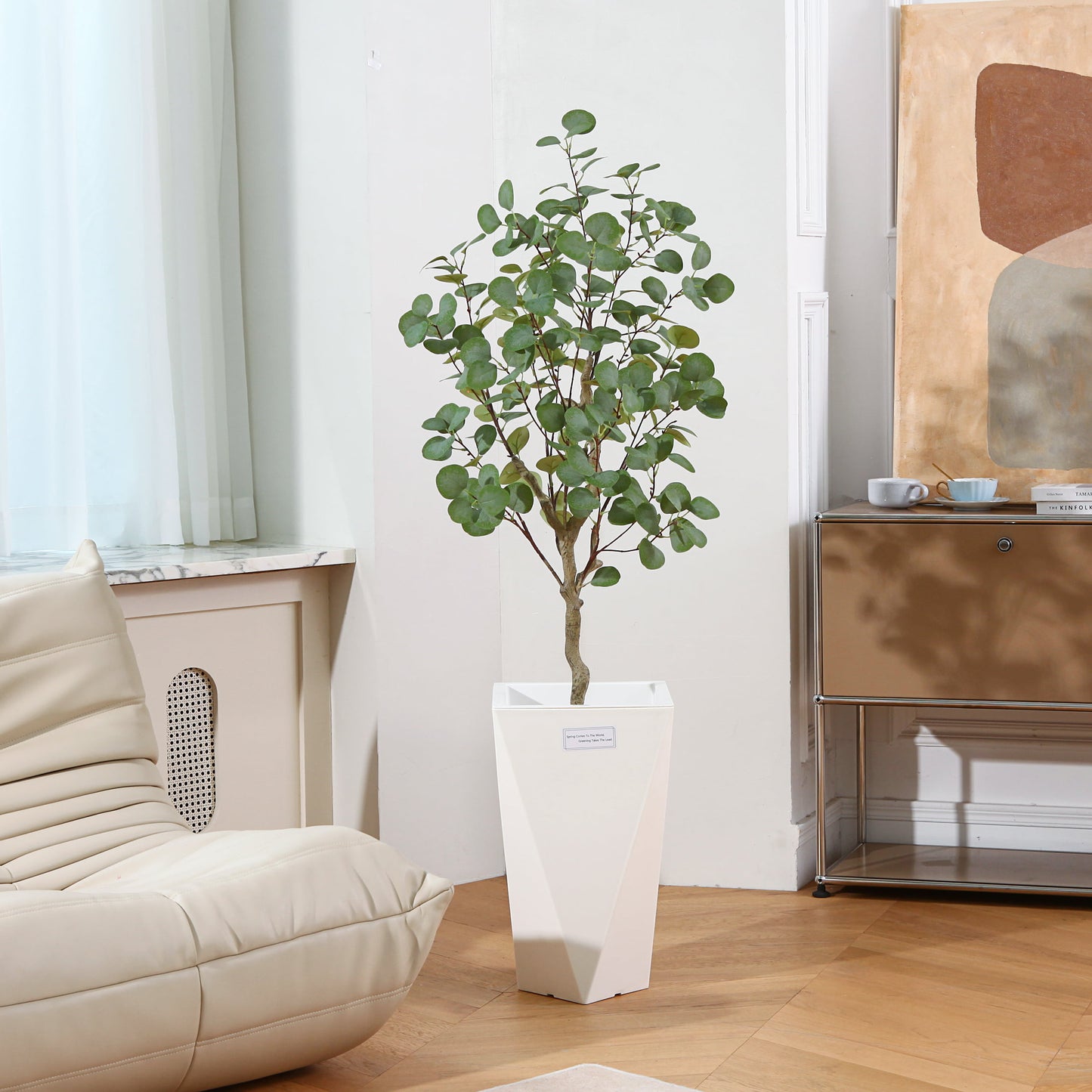 4 FT Artificial Plants Eucalyptus Silk Tree in Pot, Faux Plastic Eucalyptus Plant with Durable Plastic Trunk for Home Decor Office House Living Room Indoor Outdoor