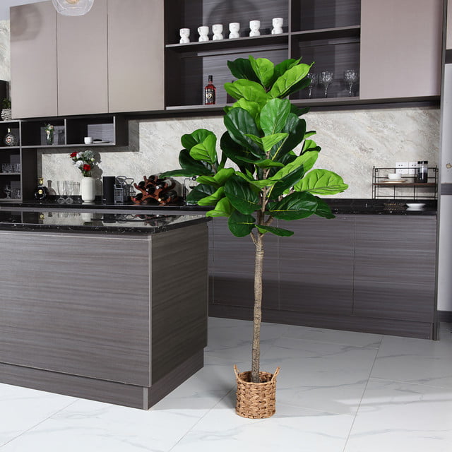 5FT Artificial Fiddle Leaf Fig Plants in Basket, Faux Plastic Tree with Durable Plastic Trunk for Home Decor Office House Living Room Indoor Outdoor, Fake House Plant, Tall Plants for Indoor