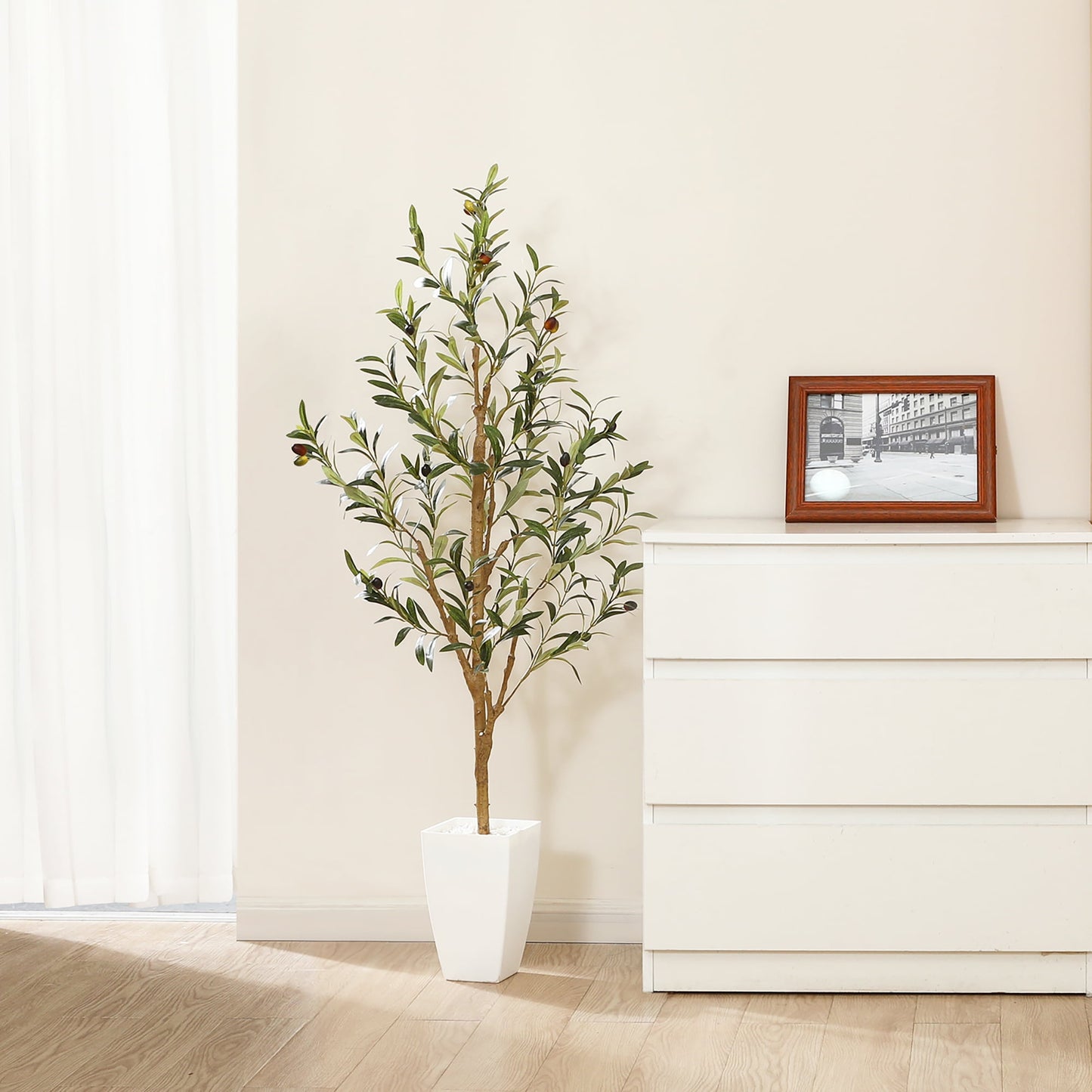 4FT Artificial Olive Tree with 9 inches White Taper Planter,Faux Tropical Silk and Lifelike Fruits Fake Greenery Potted Plant for Home Office Decor Indoor Outdoor