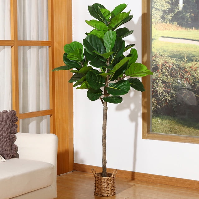 5FT Artificial Fiddle Leaf Fig Plants in Basket, Faux Plastic Tree with Durable Plastic Trunk for Home Decor Office House Living Room Indoor Outdoor, Fake House Plant, Tall Plants for Indoor