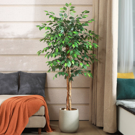 5ft Artificial Ficus Tree with Natural Wood Trunk, Silk Fake Ficus Tree in Plastic Nursery Pot, Faux Plant for Office Home, Indoor Outdoor Decor, 2 Pack