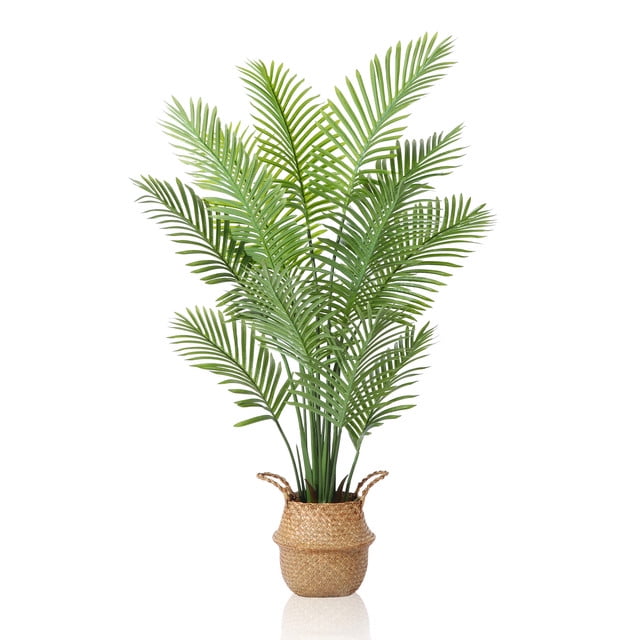 5 Feet Artificial Plants in Basket Faux Green Areca Palm Plant with Woven Seagrass Belly Basket, Fake Tree for Home Decor Office House Living Room Indoor Outdoor