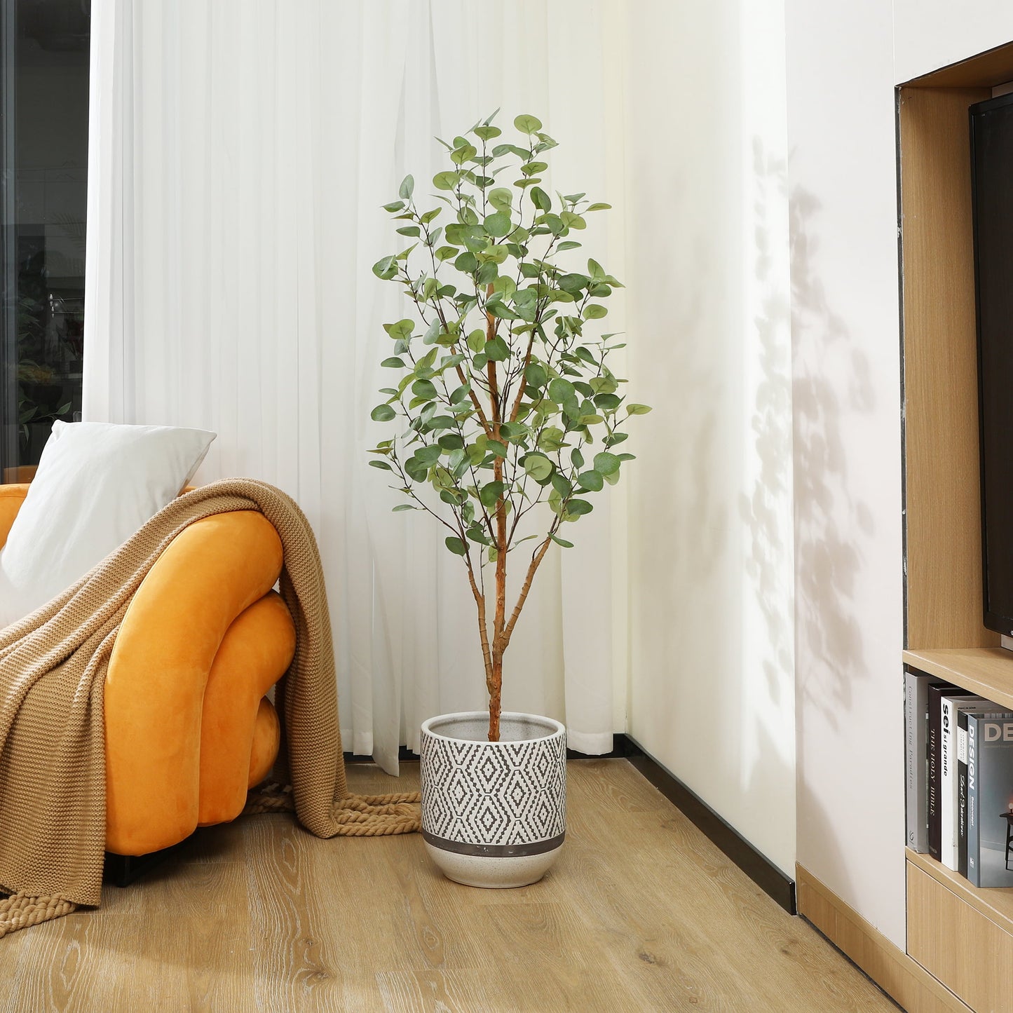 5 ft Artificial Eucalyptus Plants in Pot with Realistic Leaves and Natural Wood Trunk, Faux Tree