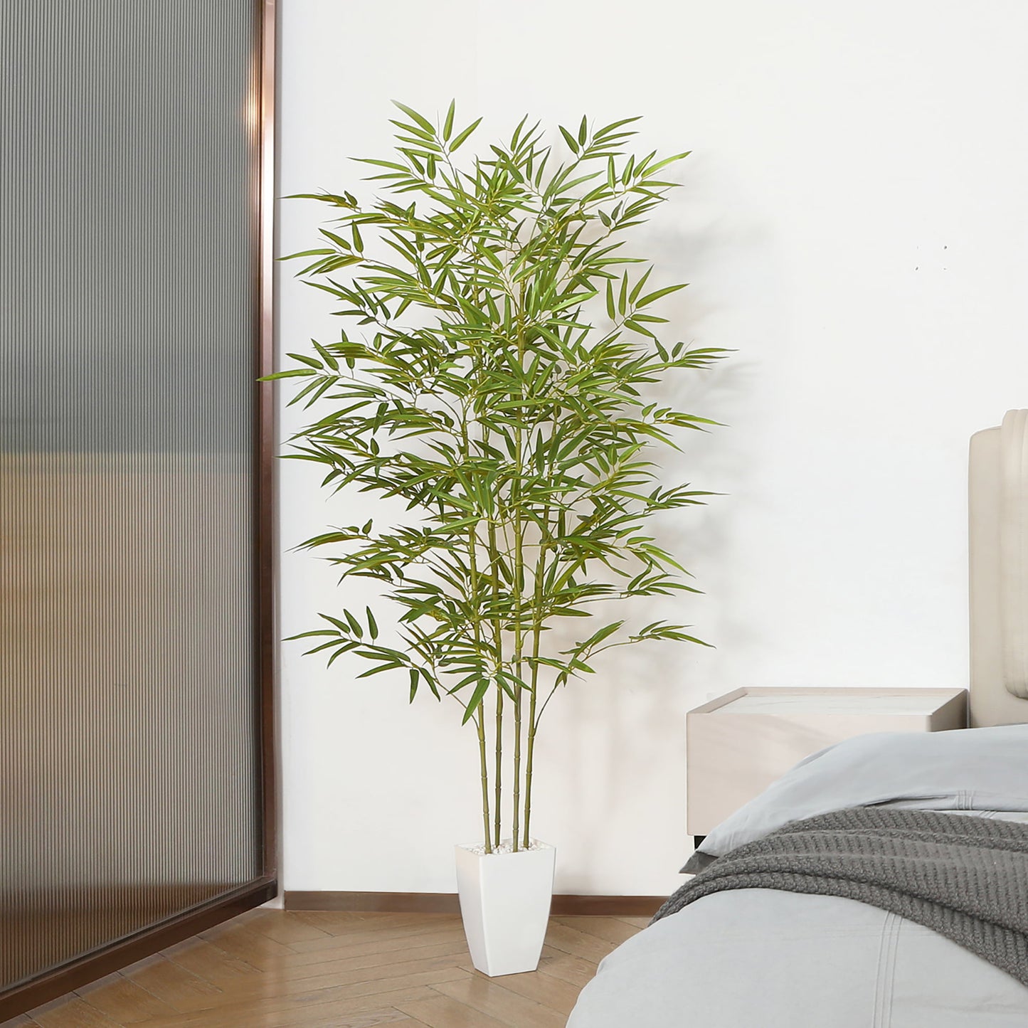 5FT Artificial Bamboo Tree Potted in 9.4 inches High White Taper Planter Fake Plant Lifelike Plastic Faux Trees for Room Office Home Decor Indoor Outdoor