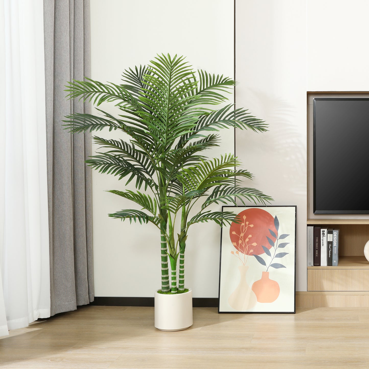 5 ft Artificial Golden Cane Palm Tree with Large White Planter, Faux Palm Plants in Pot