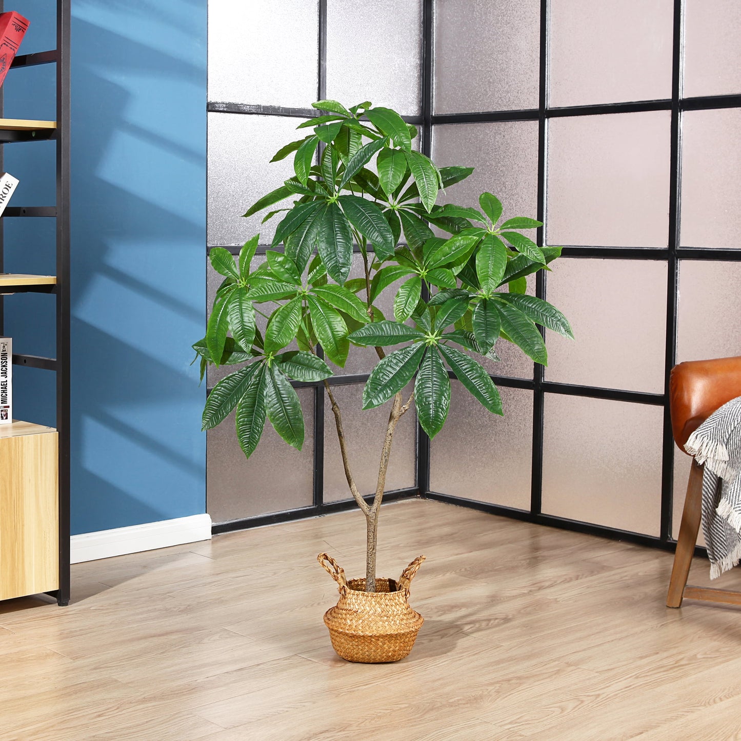 4 FT Artificial Plants Pachira Aquatica Money Tree, Fake Plastic Money Plant, Pre Potted Faux Greenry Plant for Home Decor Office House Living Room Indoor Outdoor