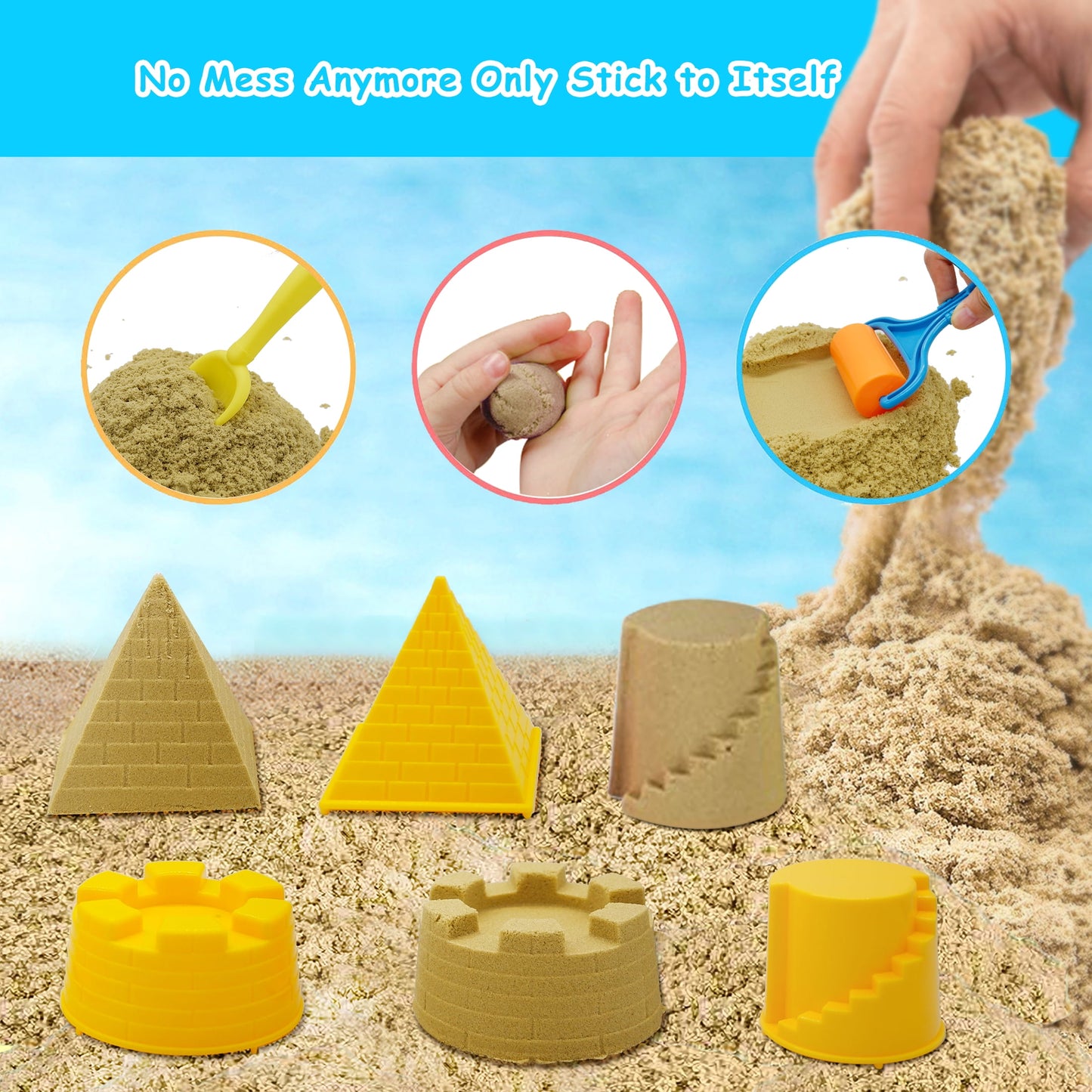 Play Construction Sand Kit - Sensory Bin with 2lbs Moving Sand 3 Large Construction Trucks,16 Construction Toys & Signs,4 Castle Molds,Sensory Toys for 3, 4, 5 Year Old Toddlers