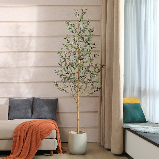 Artificial Olive Tree 7FT Tall Faux Silk Plant for Home Office Decor Indoor Fake Potted Tree with Natural Wood Trunk and Lifelike Fruits