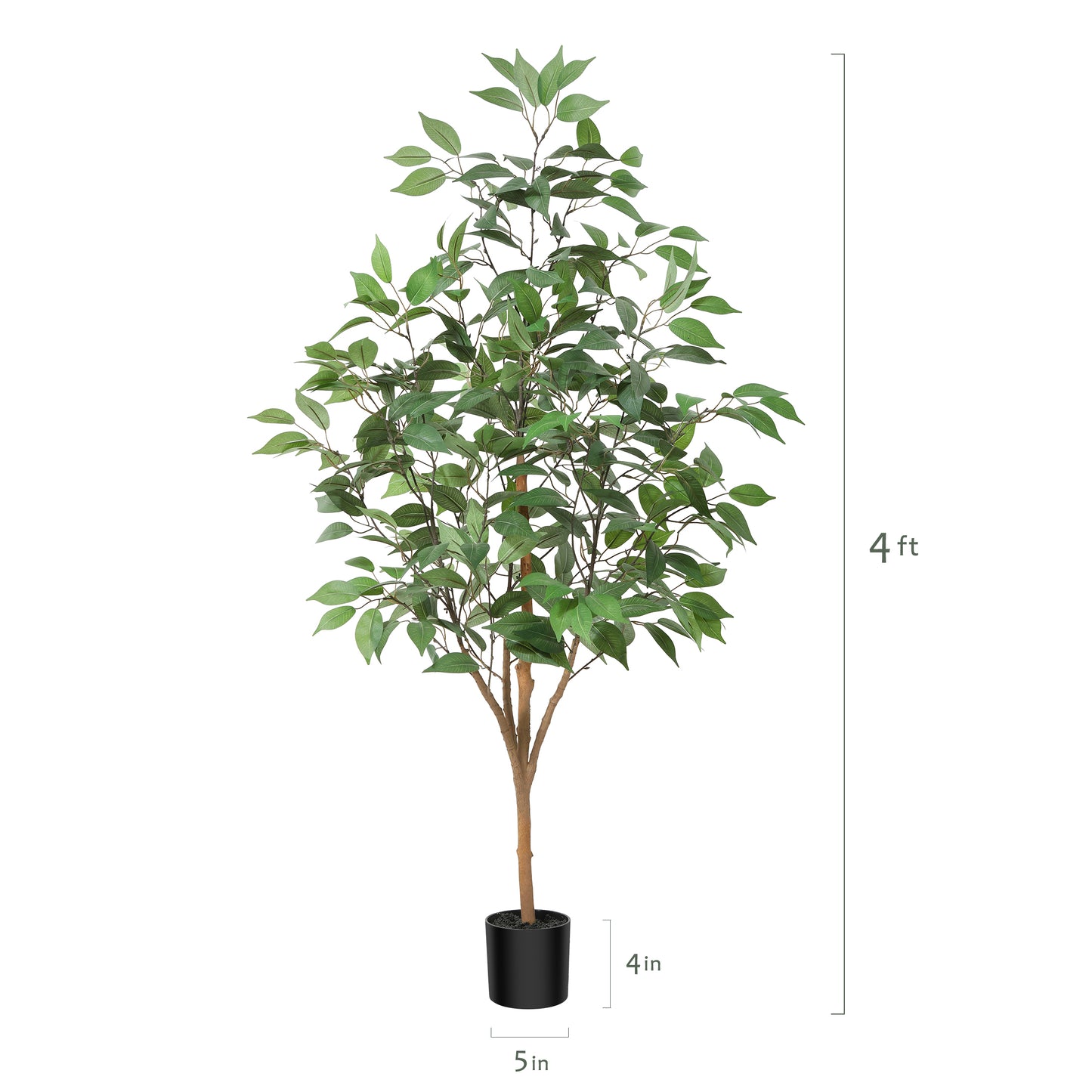 4 ft Realistic Artificial Ficus Tree in Pot, Natural Trunk, Lush Leaves, Lifelike Faux Tree