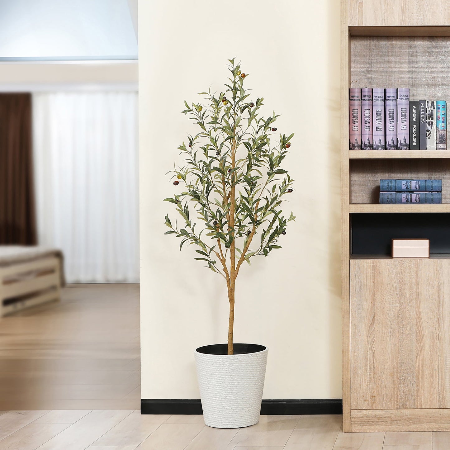 5FT Artificial Olive Tree with 9 inches White Taper Planter,Faux Tropical Silk and Lifelike Fruits Fake Greenery Potted Plant for Home Office Decor Indoor Outdoor