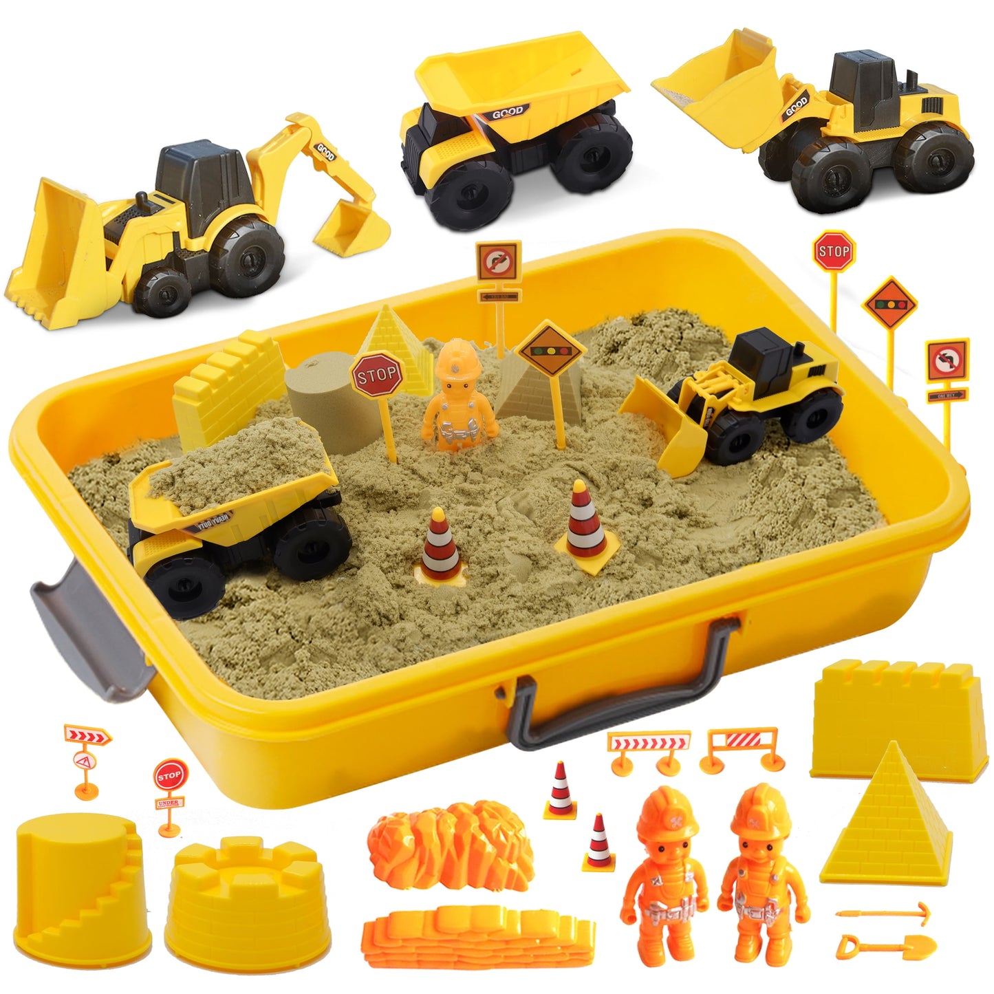 Play Construction Sand Kit - Sensory Bin with 2lbs Moving Sand 3 Large Construction Trucks,16 Construction Toys & Signs,4 Castle Molds,Sensory Toys for 3, 4, 5 Year Old Toddlers