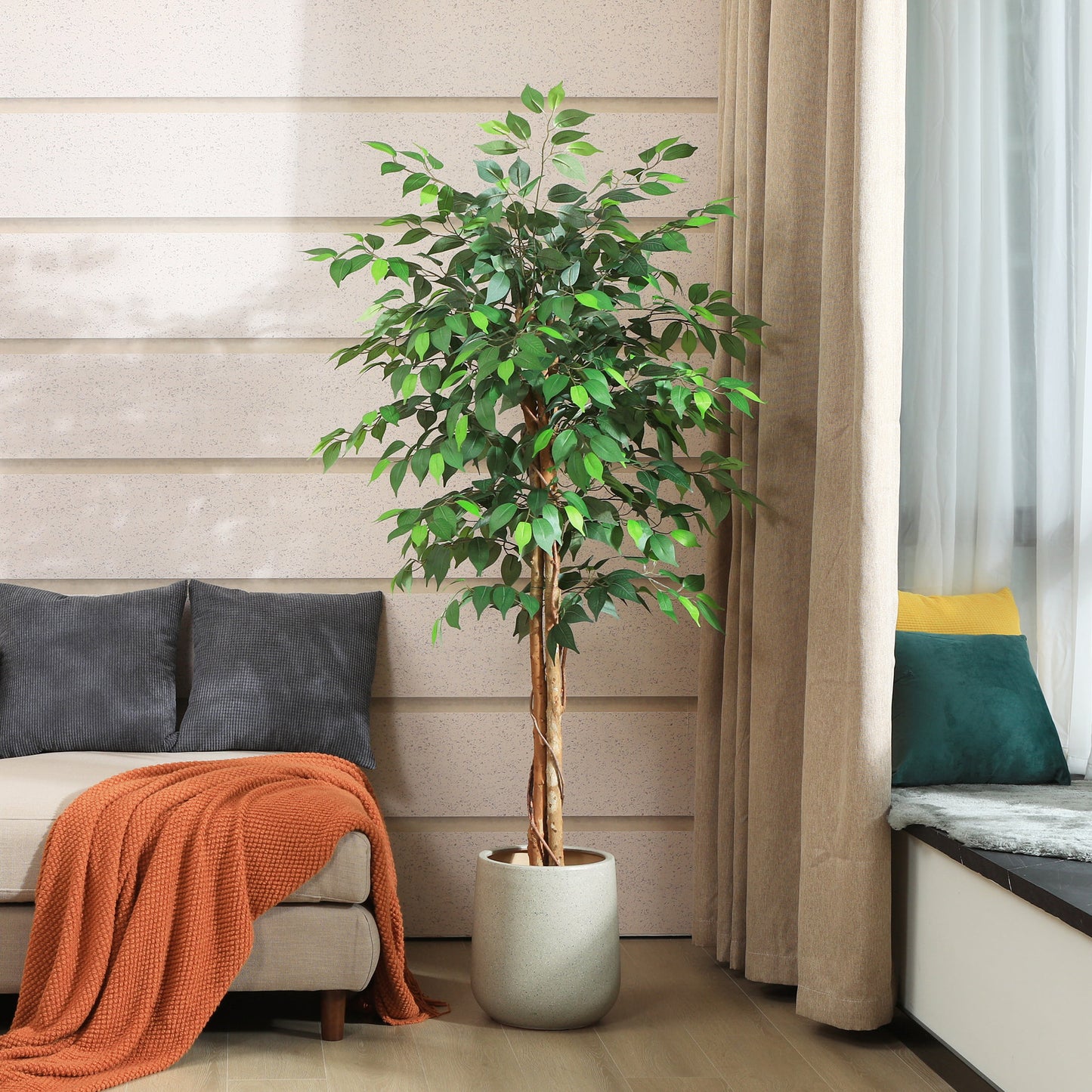 5ft Artificial Ficus Tree with Natural Wood Trunk, Silk Fake Ficus Tree in Plastic Nursery Pot, Faux Plant for Office Home, Indoor Outdoor Decor, 1 Pack