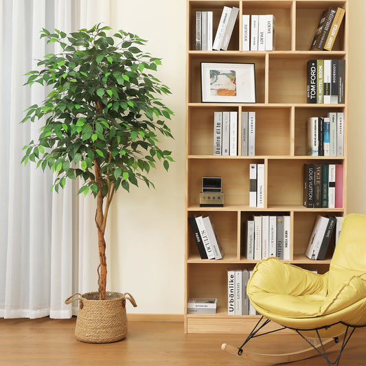 6 Feet Artificial Ficus Tree - Fake Silk Plants with Lifelike Leaves and Natural Wood Trunk - Faux Potted Tree for Indoor Home Decor