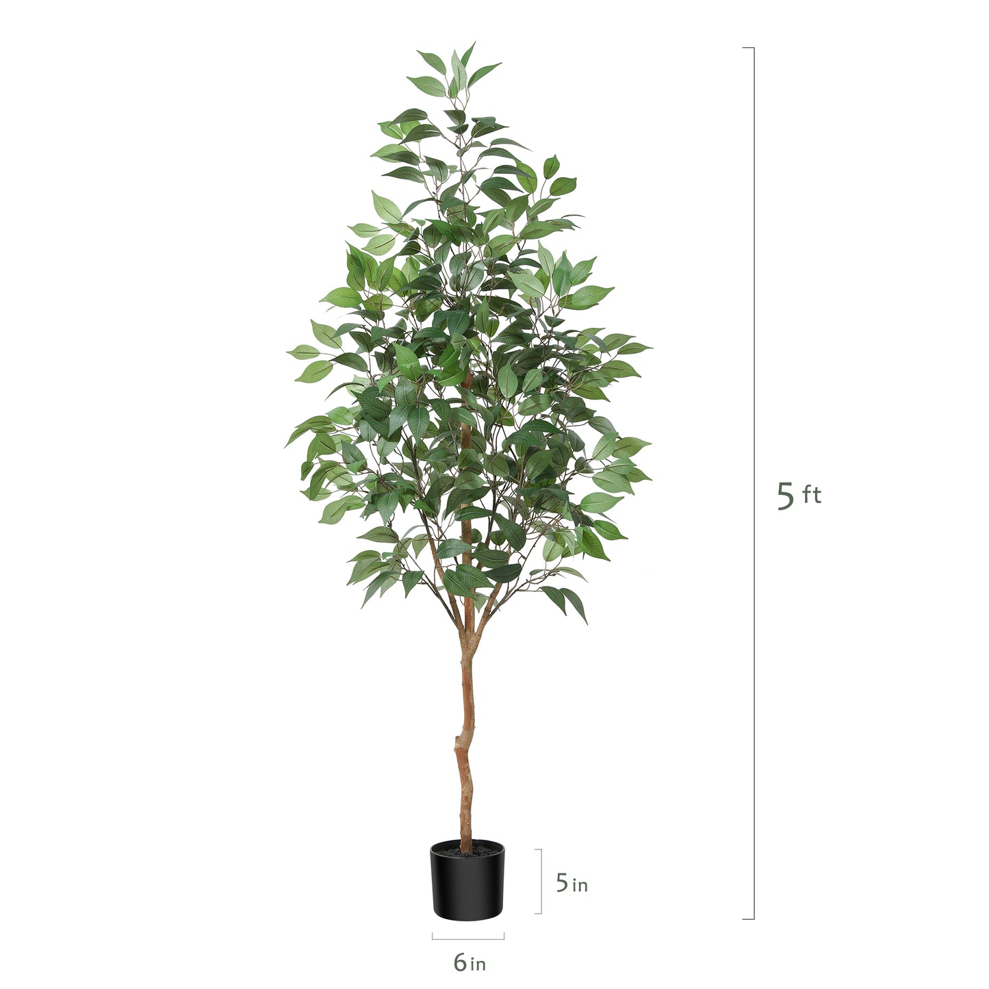 5 ft Realistic Artificial Ficus Tree in Pot, Natural Trunk, Lush Leaves, Lifelike Faux Tree