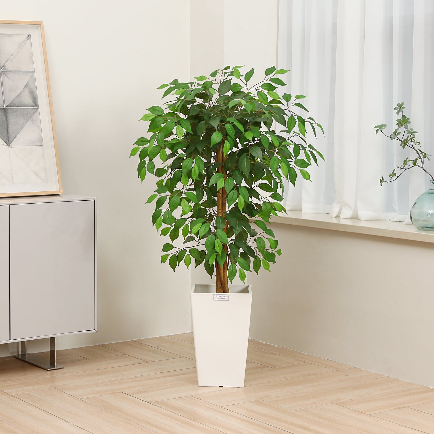 4 ft Ficus Artificial Trees with Realistic Leaves and Natural Trunk, Silk Fake Ficus Tree with Plastic Nursery Pot, Faux Ficus Tree for Office Home Farmhouse