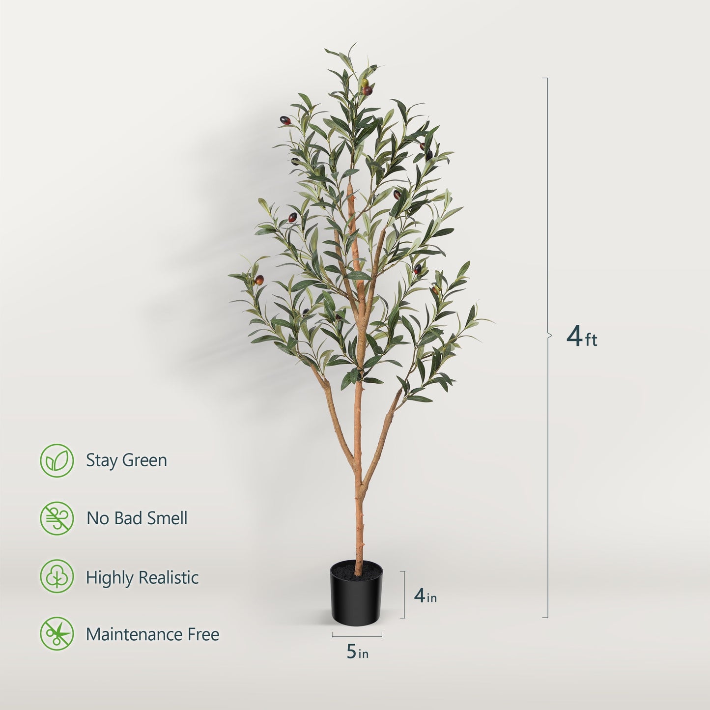 4 ft Artificial Olive Plants with Realistic Leaves and Natural Trunk, Silk Fake Potted Tree with Wood Branches and Fruits, Faux Olive Tree for Office Home