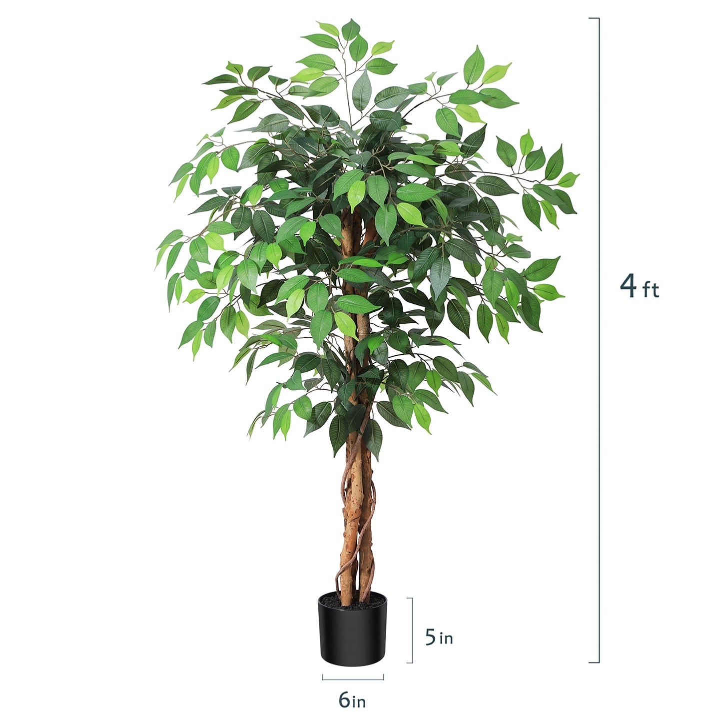 4ft Artificial Ficus Tree with Natural Wood Trunk, Silk Fake Ficus Tree in Plastic Nursery Pot, Faux Plant for Office Home, Indoor Outdoor Decor, 2 Pack