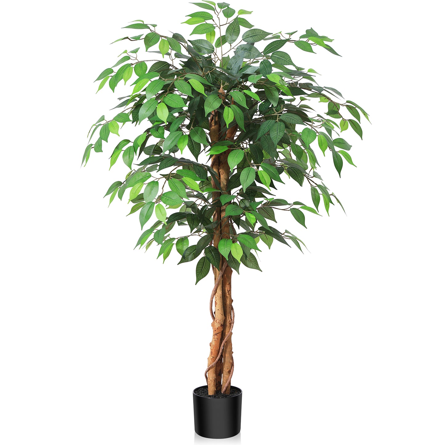 4ft Artificial Ficus Tree with Natural Wood Trunk, Silk Fake Ficus Tree in Plastic Nursery Pot, Faux Plant for Office Home, Indoor Outdoor Decor, 1 Pack