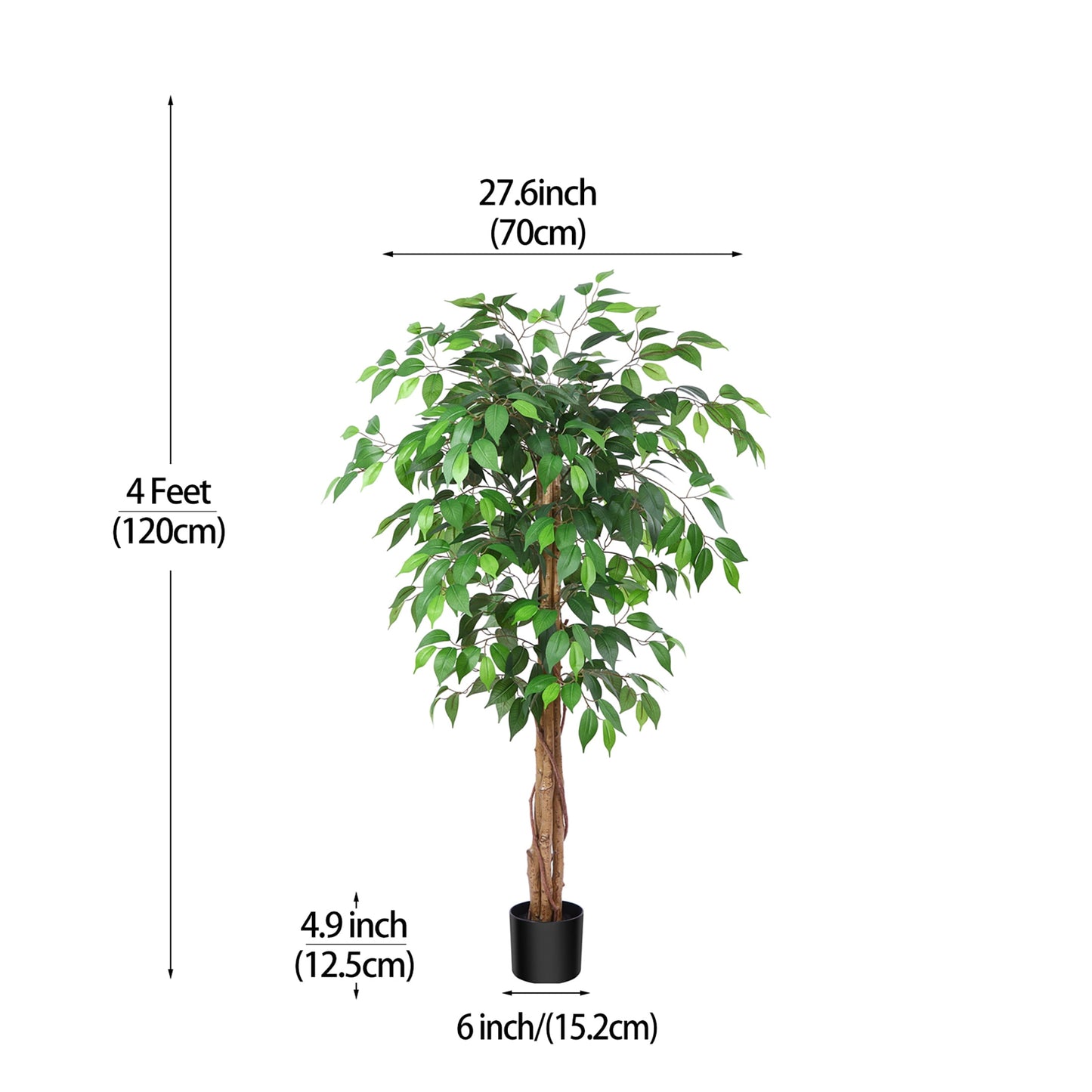 4 ft Ficus Artificial Trees with Realistic Leaves and Natural Trunk, Silk Fake Ficus Tree with Plastic Nursery Pot, Faux Ficus Tree for Office Home Farmhouse