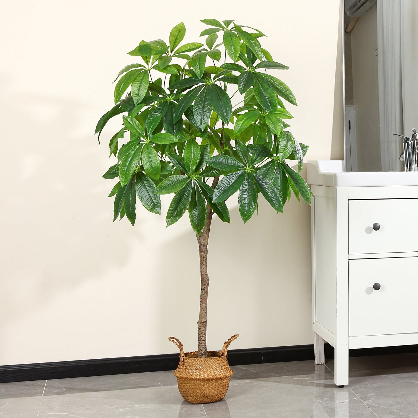 5FT Artificial Plants Pachira Aquatica Money Tree, Fake Plastic Money Plant, Pre Potted Faux Greenry Plant for Home Decor Office House Living Room Indoor Outdoor, Topiary Artificial Plants Outdoor