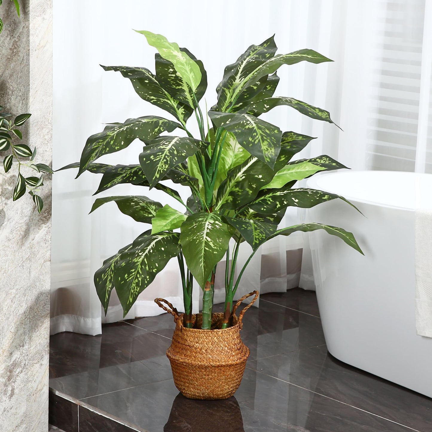 43 inch Artificial Golden Dieffenbachia Silk Plant, Fake Dieffenbachia Tree in Pot for Home Decor Office House Living Room Indoor Outdoor