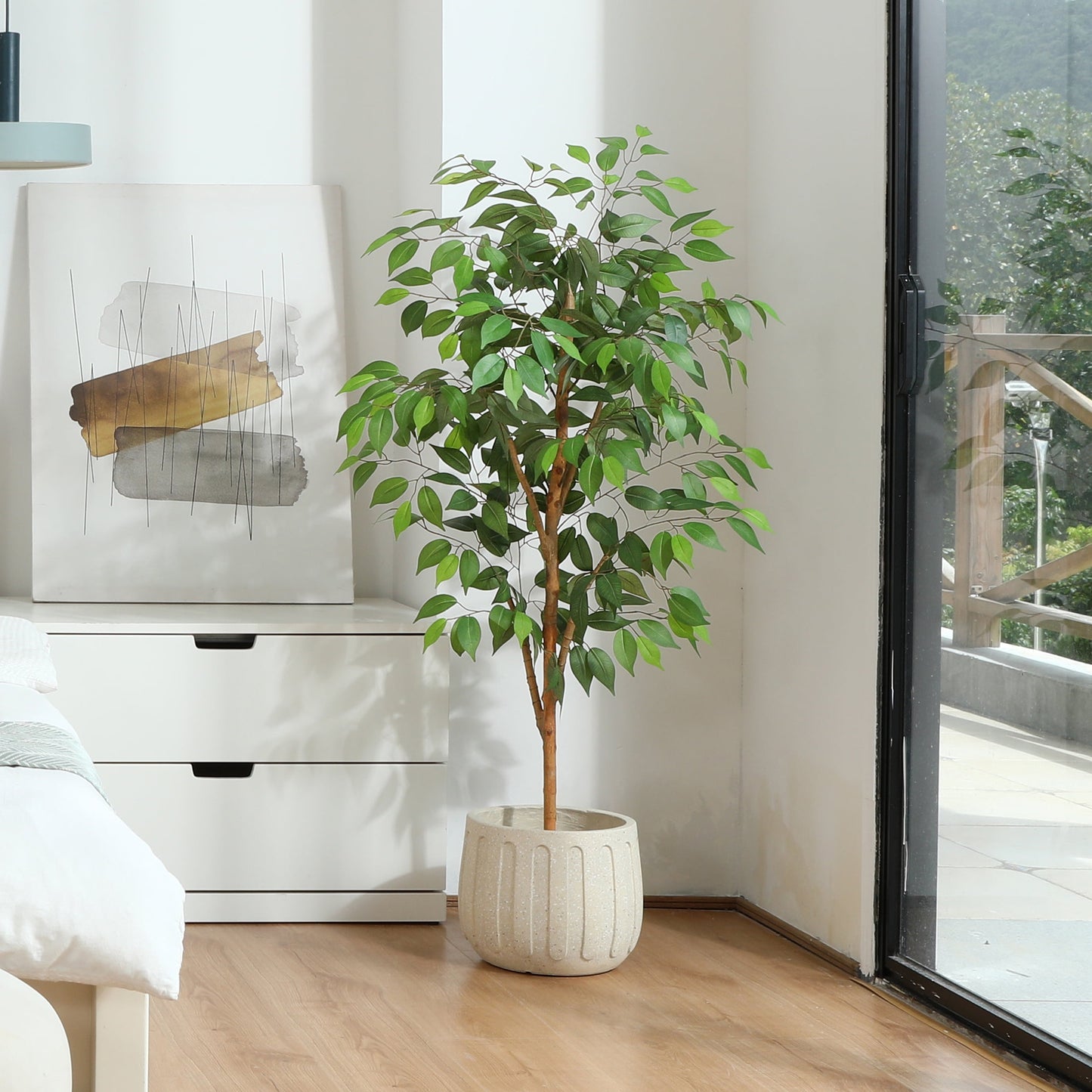 4FT Tall Artificial Ficus Tree with Natural Wood Trunk and Lifelike Leaves, Silk Fake Potted Tree with Wood Branches, Faux Tree for Office Home Decor