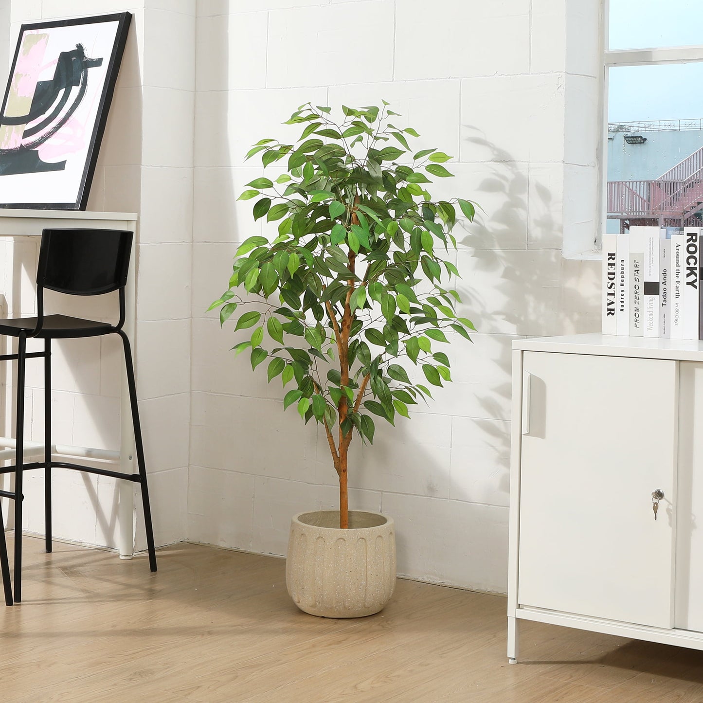 4FT Tall Artificial Ficus Tree with Natural Wood Trunk and Lifelike Leaves, Silk Fake Potted Tree with Wood Branches, Faux Tree for Office Home Decor