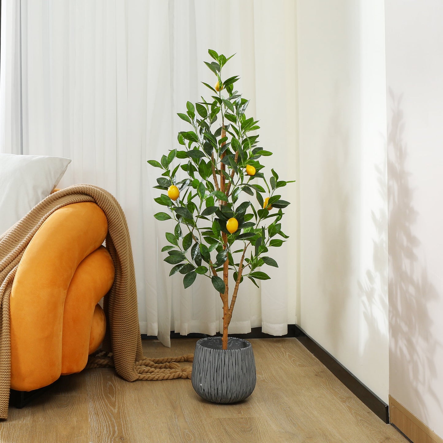 4 ft Artificial lemon Plants with Realistic Leaves and Natural Trunk, Fake Potted Tree