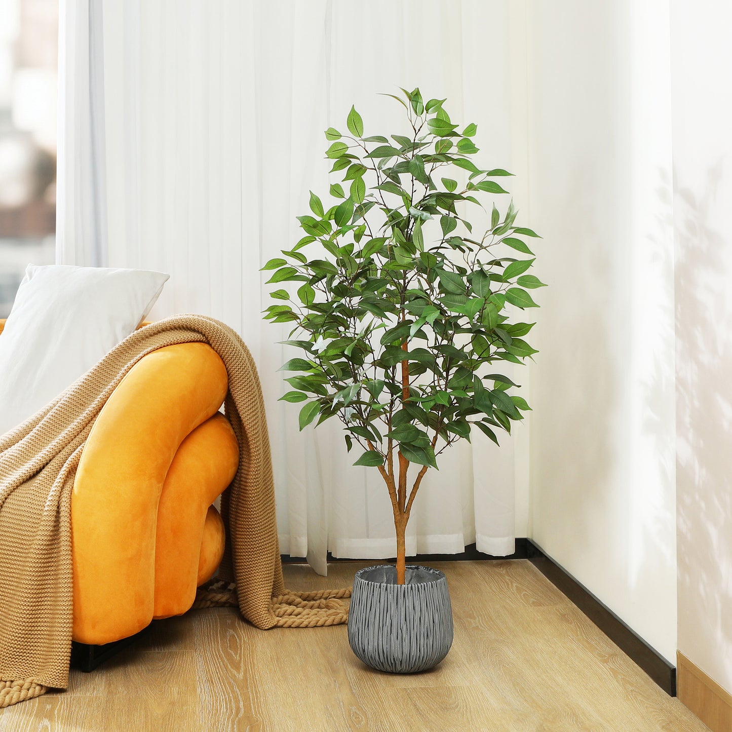 4 ft Realistic Artificial Ficus Tree in Pot, Natural Trunk, Lush Leaves, Lifelike Faux Tree