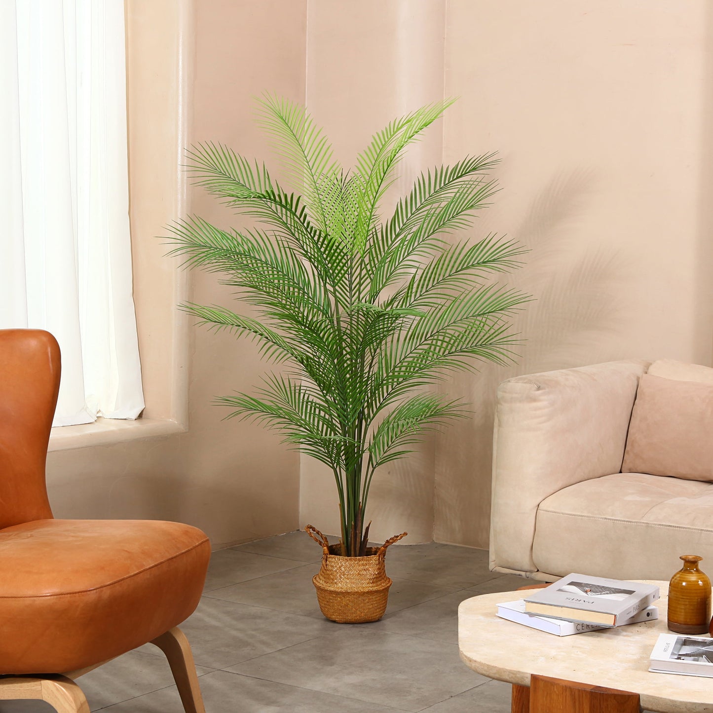 5 ft Artificial Palm Plants in Basket Fake Plants Artificial Paradise Palm Plant Faux Trees for Home Decor Indoor Outdoor Ornaments with Seagrass Basket, Set of 1