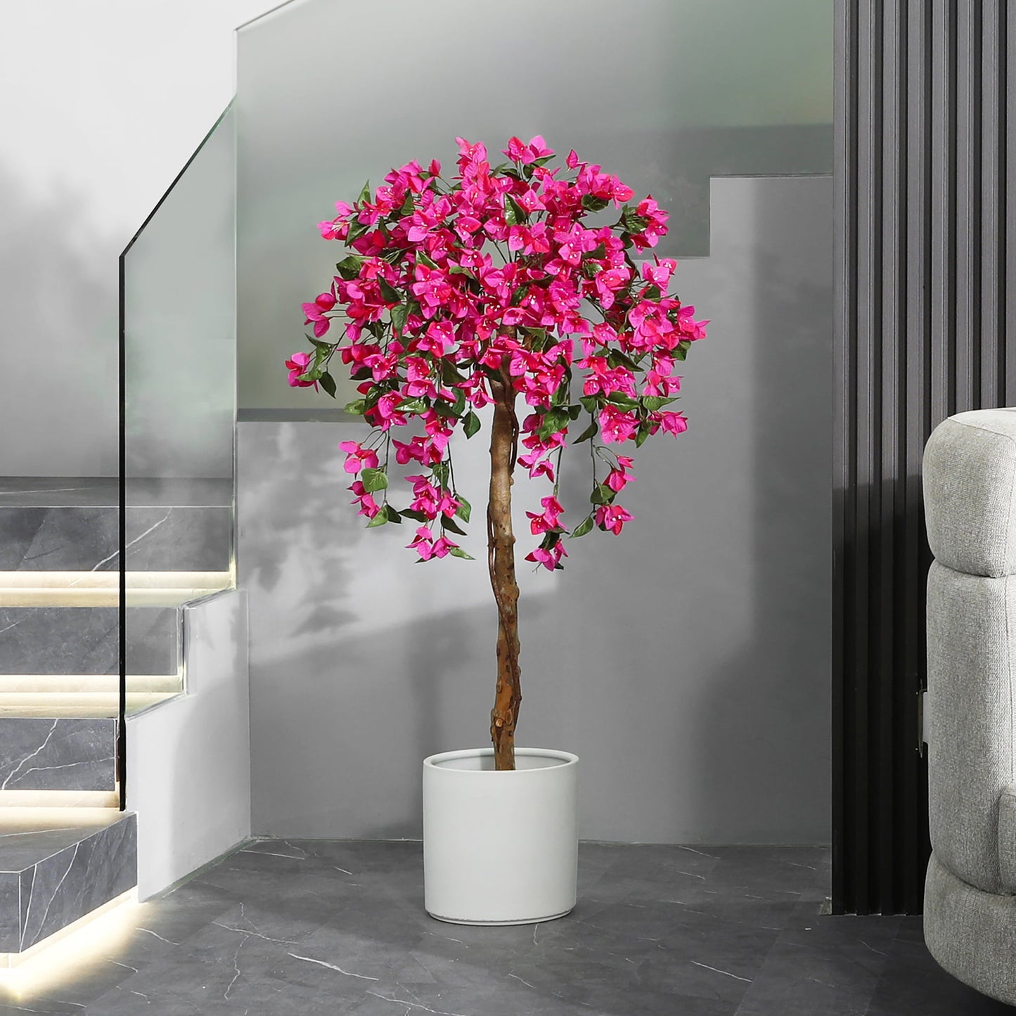 4FT Artificial Tree Tall Potted Fake Bougainvillea Trees for Outdoor Indoor Office Wedding Home Decor Lifelike Faux Plants with Wood Trunk and Pink Flowers