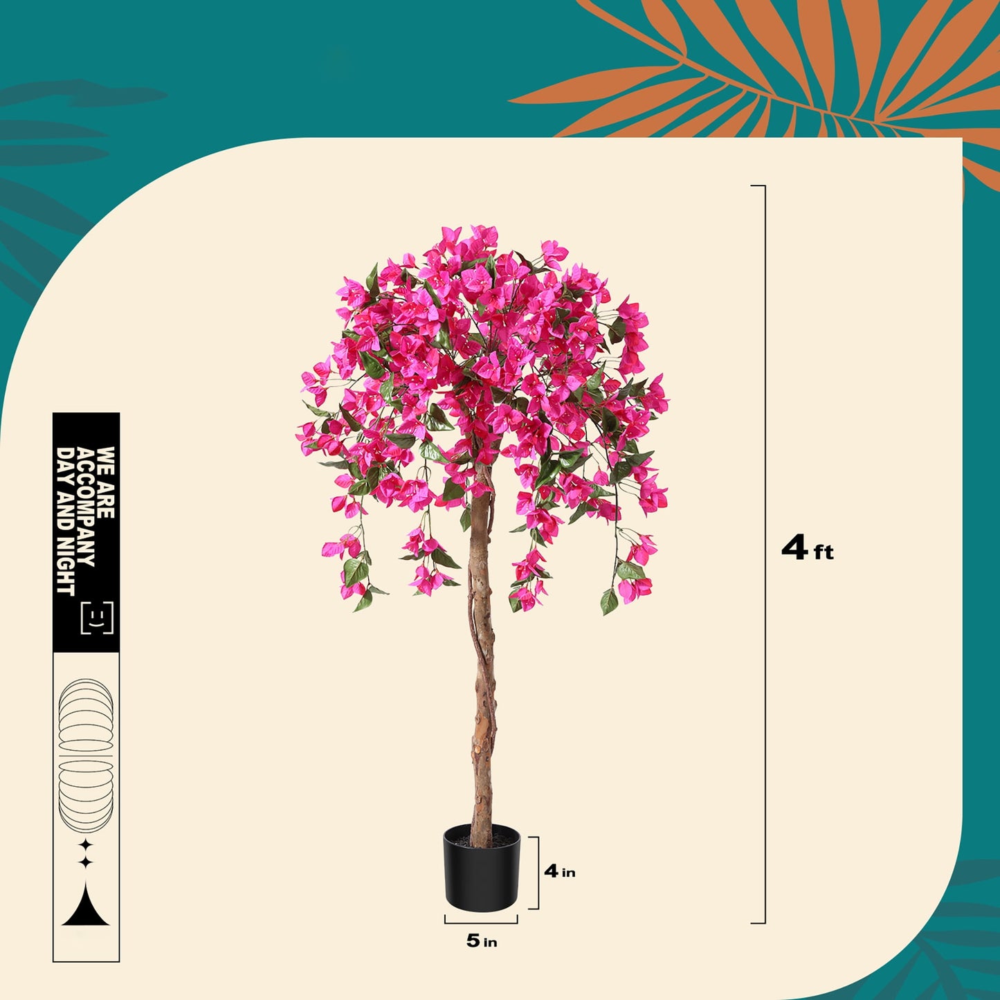 4FT Artificial Tree Tall Potted Fake Bougainvillea Trees for Outdoor Indoor Office Wedding Home Decor Lifelike Faux Plants with Wood Trunk and Pink Flowers