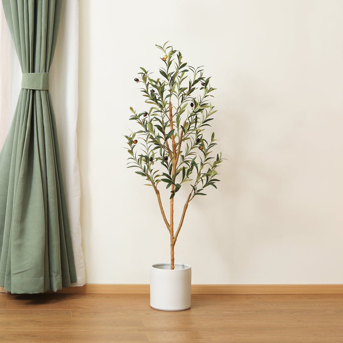 4 ft Artificial Olive Plants with Realistic Leaves and Natural Trunk, Silk Fake Potted Tree with Wood Branches and Fruits, Faux Olive Tree for Office Home