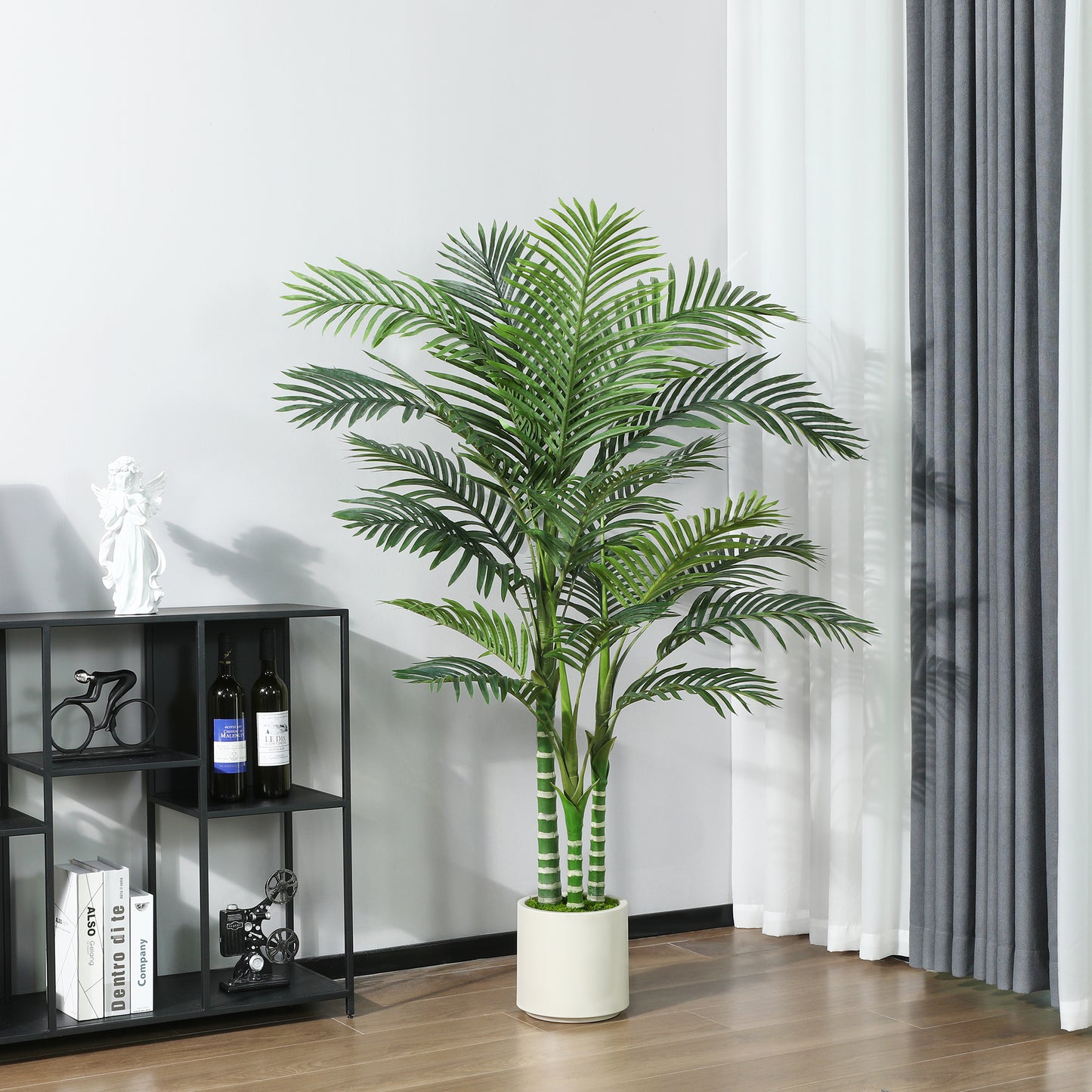 5 ft Artificial Golden Cane Palm Tree with Large White Planter, Faux Palm Plants in Pot