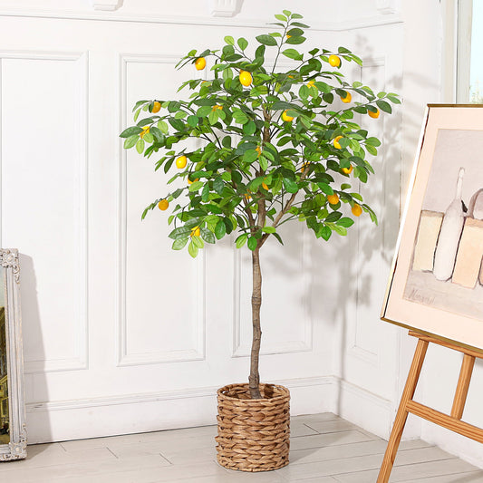 Fake Lemon Tree, 5FT Artificial Lemon Silk Plants, Pre Potted Faux Lemon Tree, Plastic Lemon Fruit Tree for Home Decor Living Room Office, Topiary Artificial Plants Outdoor