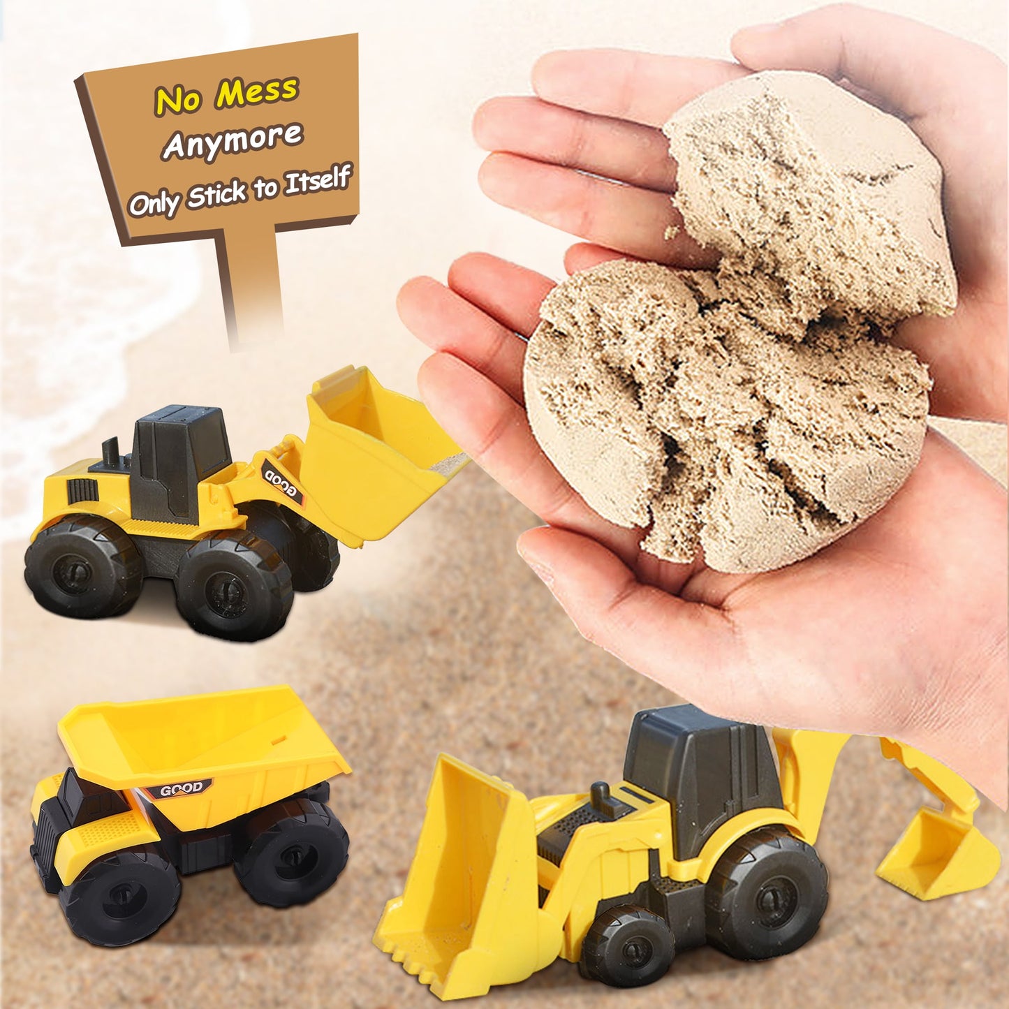 Play Construction Sand Kit - Sensory Bin with 2lbs Moving Sand 3 Large Construction Trucks,16 Construction Toys & Signs,4 Castle Molds,Sensory Toys for 3, 4, 5 Year Old Toddlers