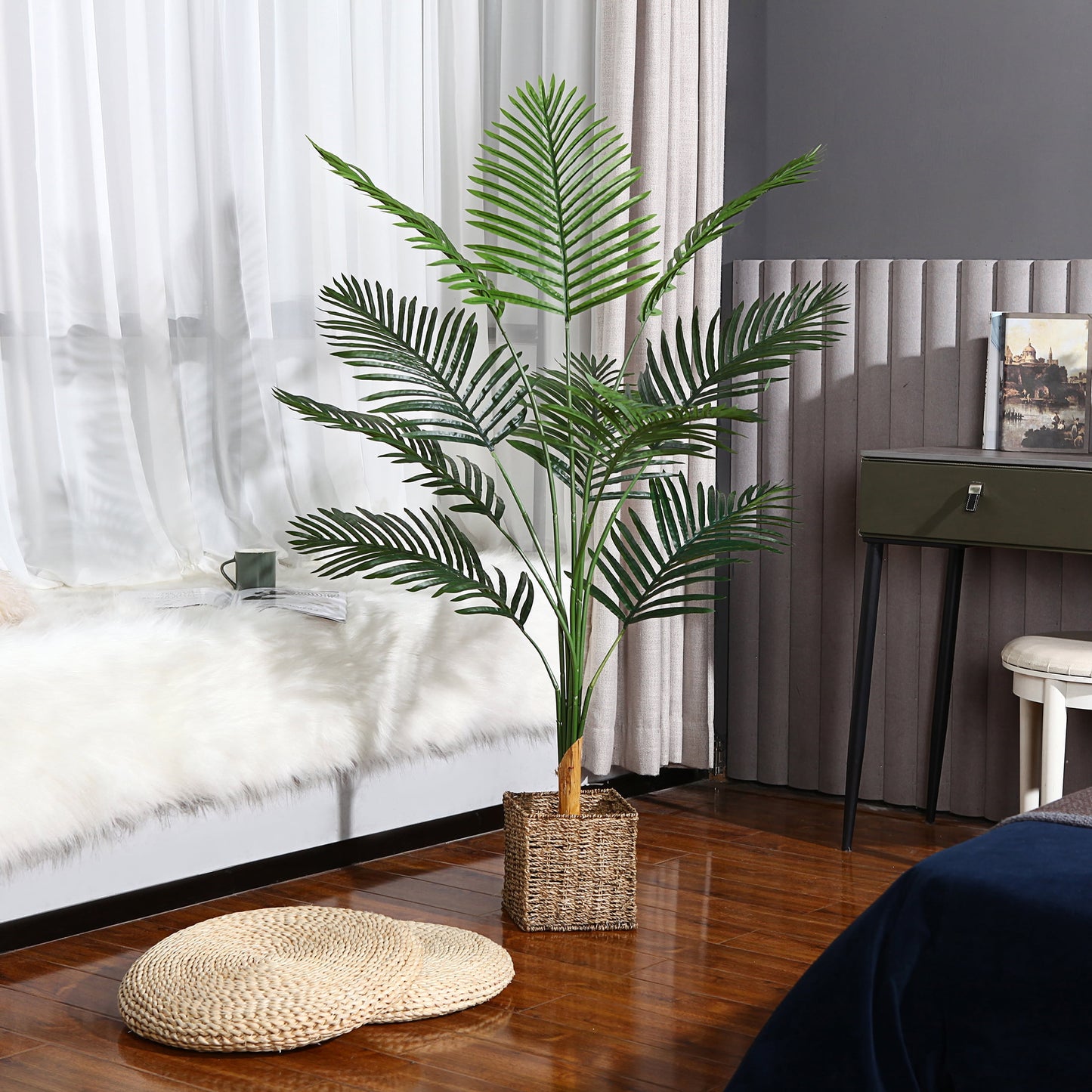 Artificial Tropical Palm Plants 4 Feet Fake Plant for Home Decor Indoor Outdoor Faux Areca Palm Tree in Pot for Home Office Perfect Housewarming Gift