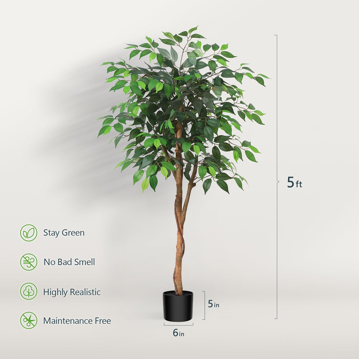 5 Feet Artificial Ficus Tree - Fake Silk Plants with Lifelike Leaves and Natural Wood Trunk - Faux Potted Tree for Indoor Home Decor