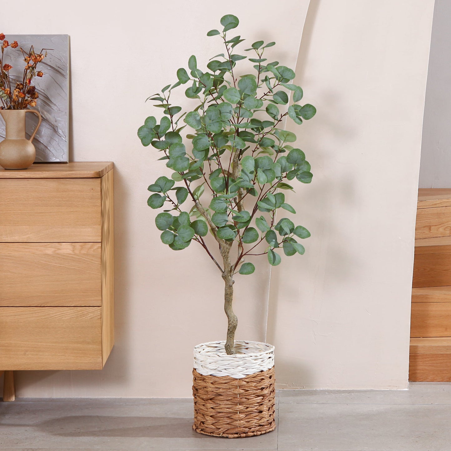 4 FT Artificial Plants Eucalyptus Silk Tree in Pot, Faux Plastic Eucalyptus Plant with Durable Plastic Trunk for Home Decor Office House Living Room Indoor Outdoor